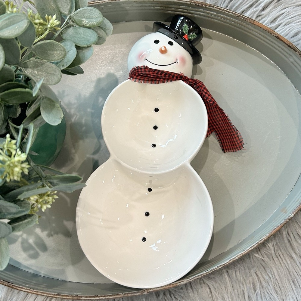 11" Snowman Decorative Ceramic Divided Dish For Candy-Nuts-Treats **Read